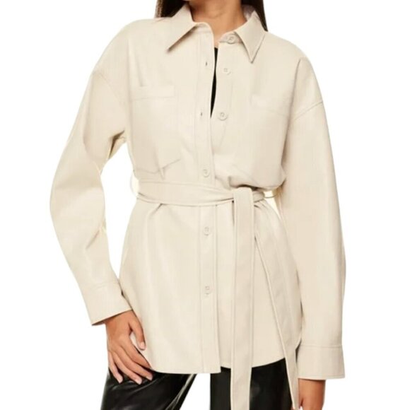 Babaton Ava Vegan Leather Button Front Long Sleeve Collared Jacket Cream Medium - Picture 1 of 10